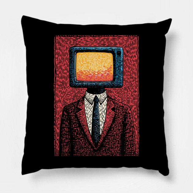Retro TV Head Man Surreal Static Portrait Pillow by TuncGK