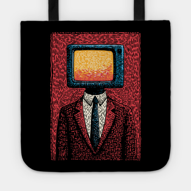 Retro TV Head Man Surreal Static Portrait Tote by TuncGK