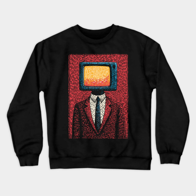 Retro TV Head Man Surreal Static Portrait Crewneck Sweatshirt by TuncGK