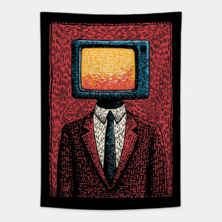 Retro TV Head Man Surreal Static Portrait Tapestry