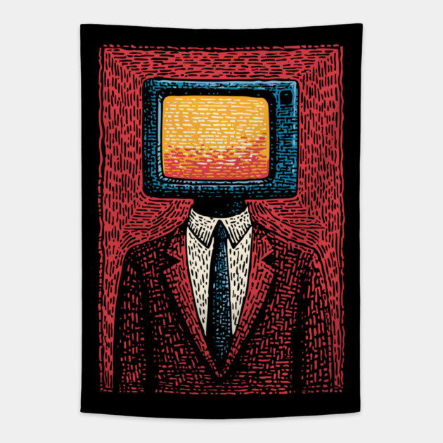 Retro TV Head Man Surreal Static Portrait Tapestry by TuncGK