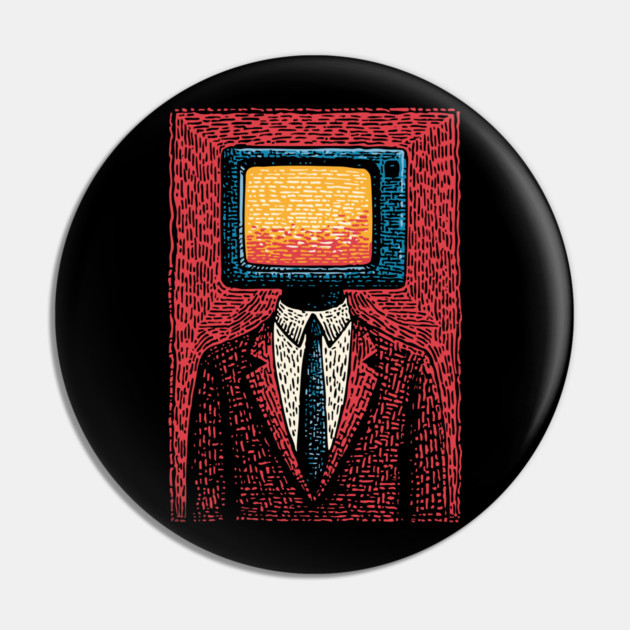 Retro TV Head Man Surreal Static Portrait Pin by TuncGK