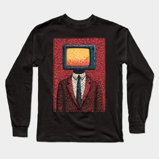 Retro TV Head Man Surreal Static Portrait Long Sleeve T-Shirt by TuncGK