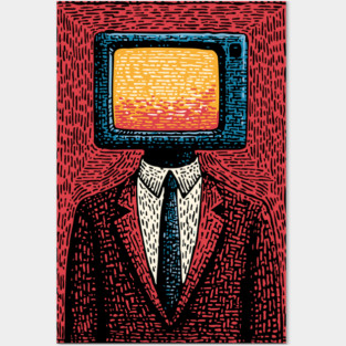 Retro TV Head Man Surreal Static Portrait Posters and Art