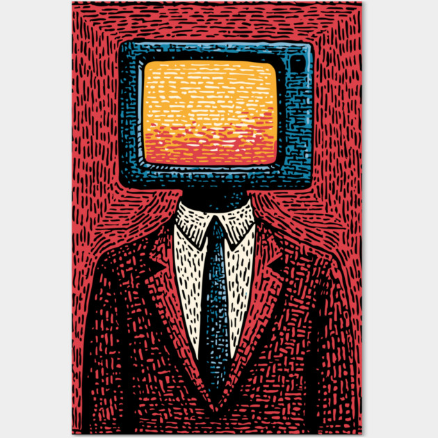 Retro TV Head Man Surreal Static Portrait Wall Art by TuncGK
