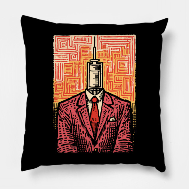 Modern Syringe Head Man Surrealist Illustration Pillow by TuncGK