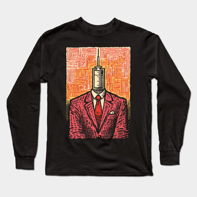 Modern Syringe Head Man Surrealist Illustration Long Sleeve T-Shirt by TuncGK