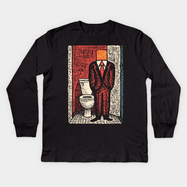 Surreal Man with a Toilet Head Illustration Kids Long Sleeve T-Shirt by TuncGK