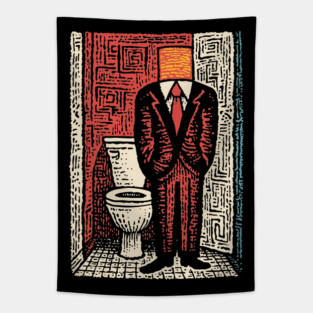 Surreal Man with a Toilet Head Illustration Tapestry