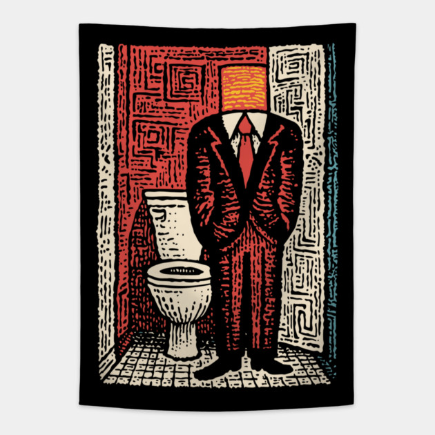 Surreal Man with a Toilet Head Illustration Tapestry by TuncGK