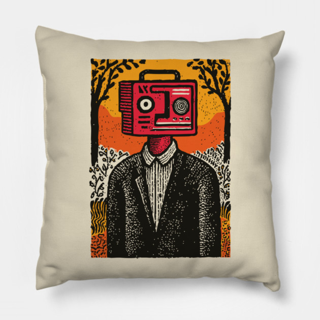 Vintage Radio Head Man in the Woods Pillow by TuncGK
