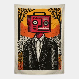 Vintage Radio Head Man in the Woods Tapestry