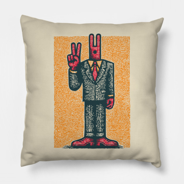 Quirky Peace Sign Office Man Retro Character Pillow by TuncGK