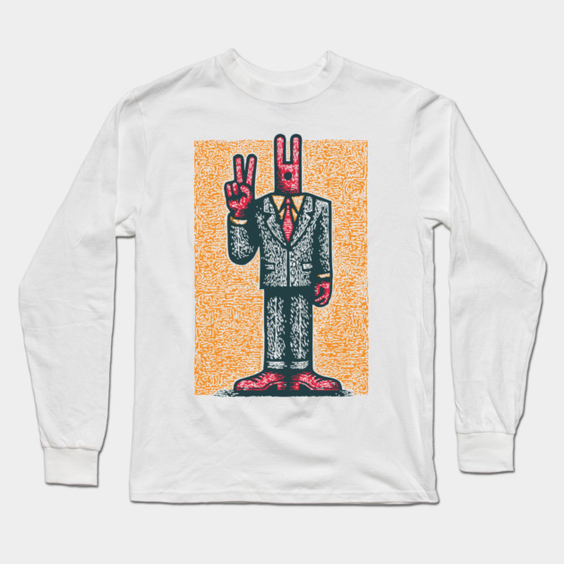 Quirky Peace Sign Office Man Retro Character Long Sleeve T-Shirt by TuncGK