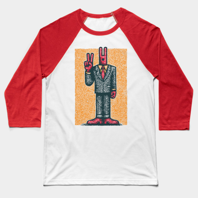 Quirky Peace Sign Office Man Retro Character Baseball T-Shirt by TuncGK