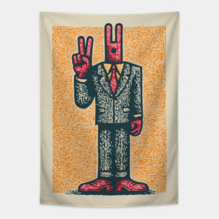 Quirky Peace Sign Office Man Retro Character Tapestry