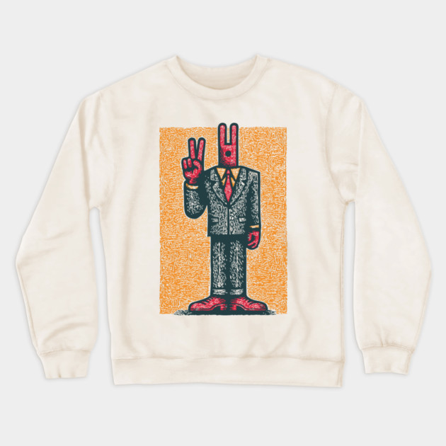 Quirky Peace Sign Office Man Retro Character Crewneck Sweatshirt by TuncGK