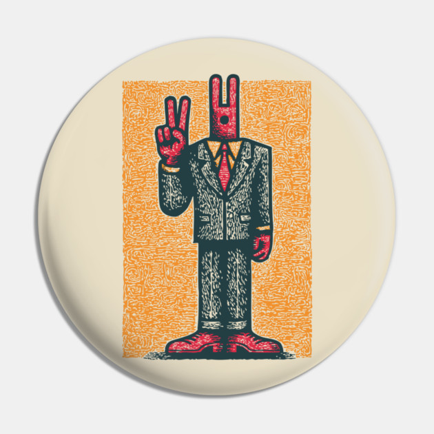 Quirky Peace Sign Office Man Retro Character Pin by TuncGK