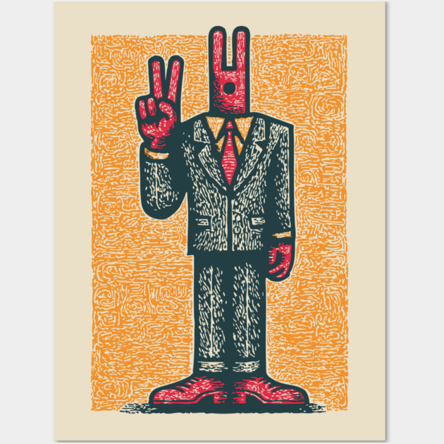 Quirky Peace Sign Office Man Retro Character Wall Art by TuncGK