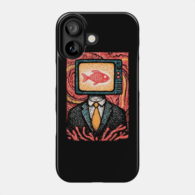 Surreal TV Head Man with Aquarium Illustration Phone Case by TuncGK
