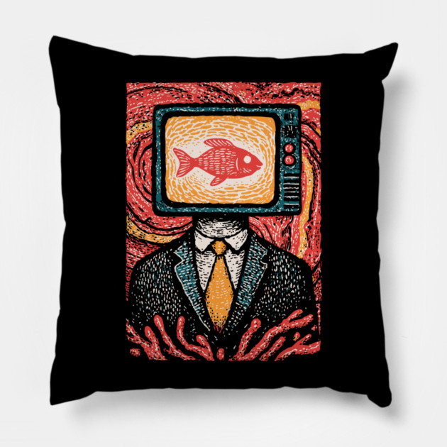 Surreal TV Head Man with Aquarium Illustration Pillow by TuncGK