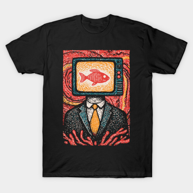 Surreal TV Head Man with Aquarium Illustration T-Shirt by TuncGK