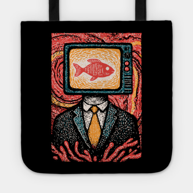 Surreal TV Head Man with Aquarium Illustration Tote by TuncGK