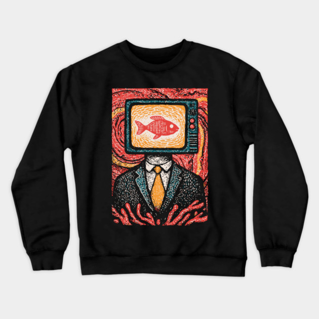 Surreal TV Head Man with Aquarium Illustration Crewneck Sweatshirt by TuncGK