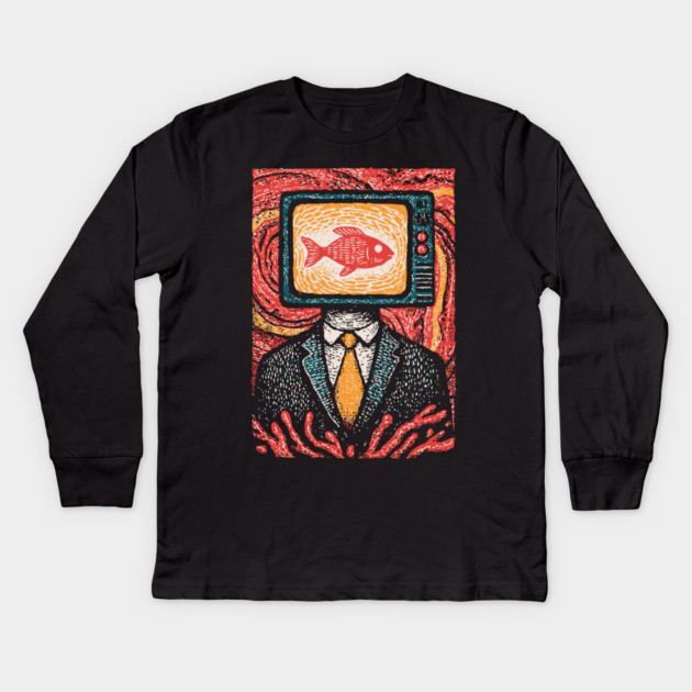 Surreal TV Head Man with Aquarium Illustration Kids Long Sleeve T-Shirt by TuncGK