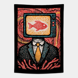 Surreal TV Head Man with Aquarium Illustration Tapestry