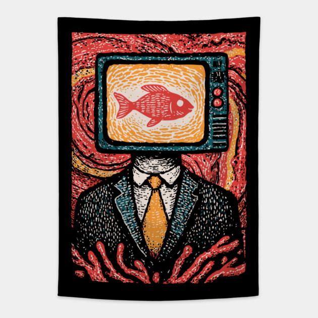 Surreal TV Head Man with Aquarium Illustration Tapestry by TuncGK