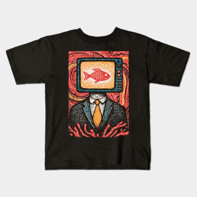 Surreal TV Head Man with Aquarium Illustration Kids T-Shirt by TuncGK