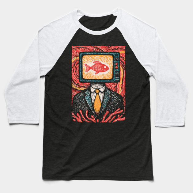 Surreal TV Head Man with Aquarium Illustration Baseball T-Shirt by TuncGK