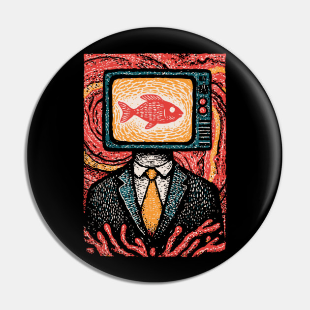 Surreal TV Head Man with Aquarium Illustration Pin by TuncGK