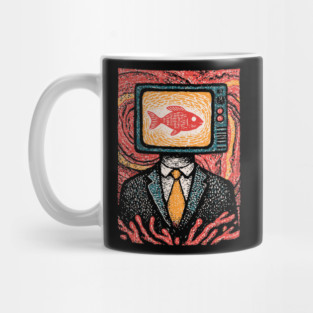 Surreal TV Head Man with Aquarium Illustration Mug