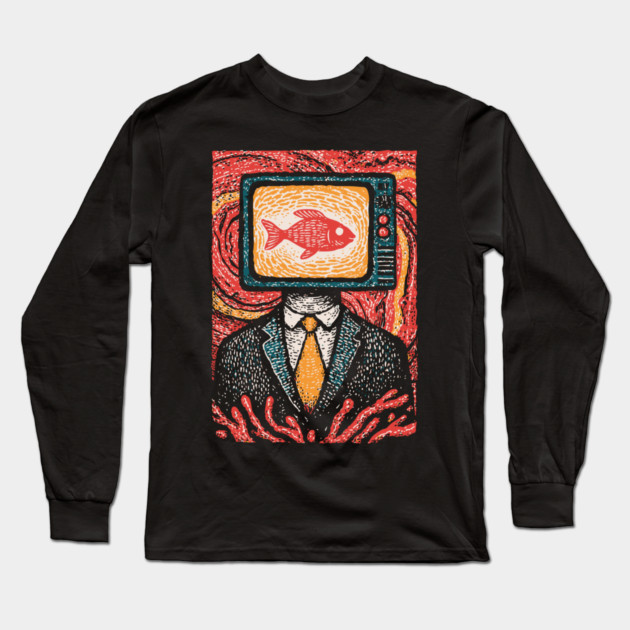 Surreal TV Head Man with Aquarium Illustration Long Sleeve T-Shirt by TuncGK