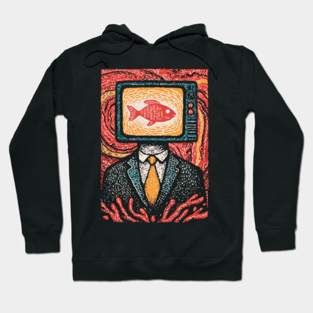 Surreal TV Head Man with Aquarium Illustration Hoodie by TuncGK