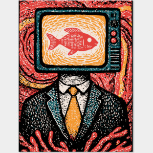 Surreal TV Head Man with Aquarium Illustration Posters and Art