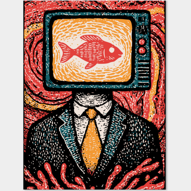 Surreal TV Head Man with Aquarium Illustration Wall Art by TuncGK