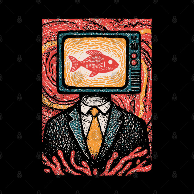 Surreal TV Head Man with Aquarium Illustration by TuncGK