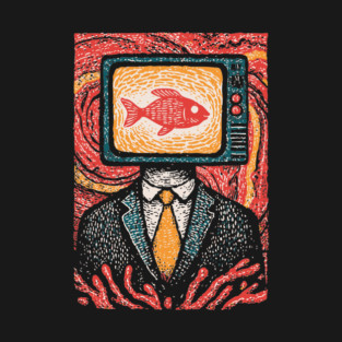 Surreal TV Head Man with Aquarium Illustration T-Shirt
