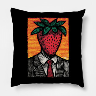 Surreal Strawberry Head Man in a Suit Art Pillow