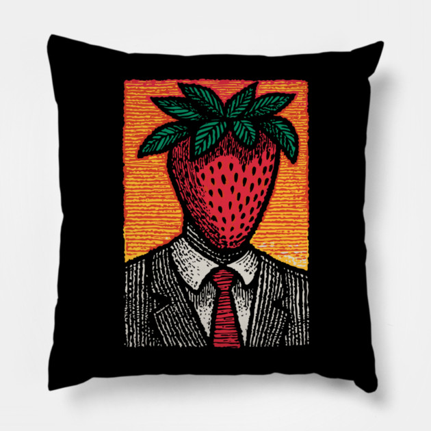 Surreal Strawberry Head Man in a Suit Art Pillow by TuncGK