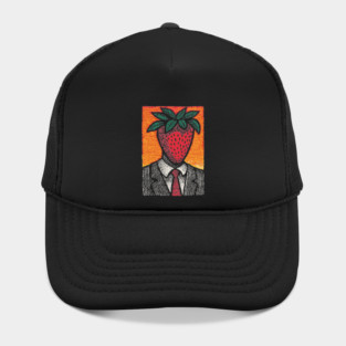 Surreal Strawberry Head Man in a Suit Art Hat