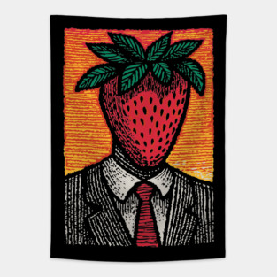 Surreal Strawberry Head Man in a Suit Art Tapestry