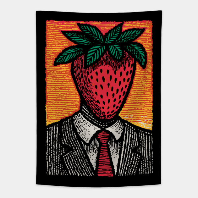 Surreal Strawberry Head Man in a Suit Art Tapestry by TuncGK