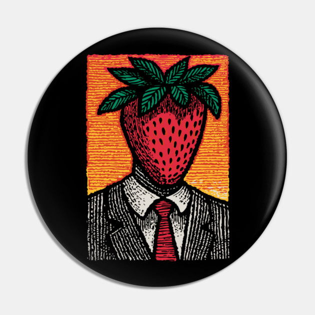 Surreal Strawberry Head Man in a Suit Art Pin by TuncGK
