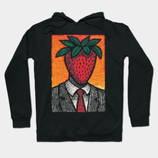 Surreal Strawberry Head Man in a Suit Art Hoodie