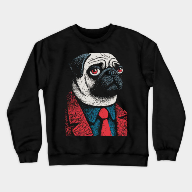 Dapper Pug Dog in a Red Suit Portrait Crewneck Sweatshirt by TuncGK
