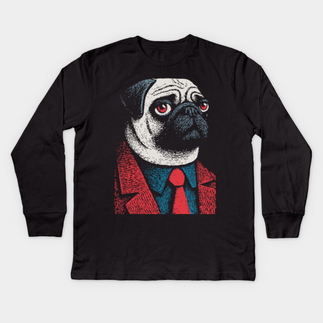 Dapper Pug Dog in a Red Suit Portrait Kids Long Sleeve T-Shirt by TuncGK